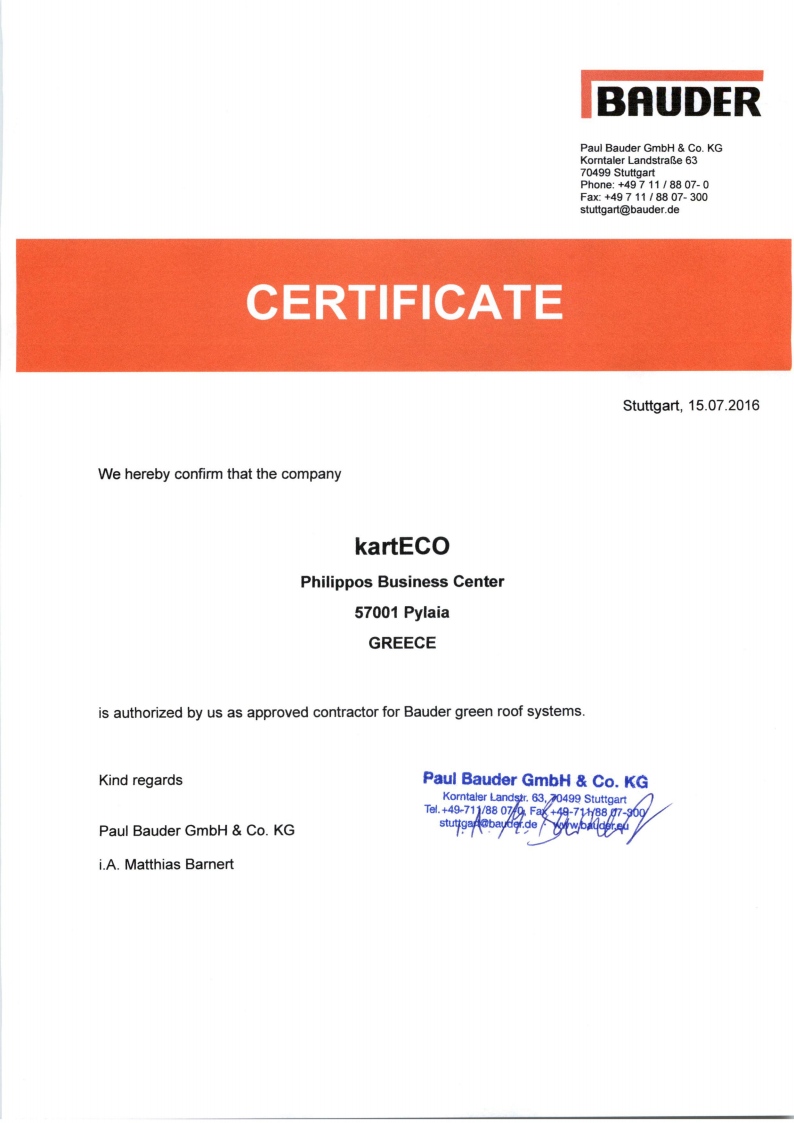Bauder certificate for kartECO